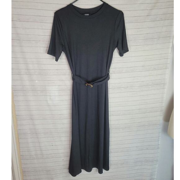 CIDER BELTED SHORT SLEEVE RIBBED BLACK MIDI DRESS, SZ XS - Picture 1 of 10